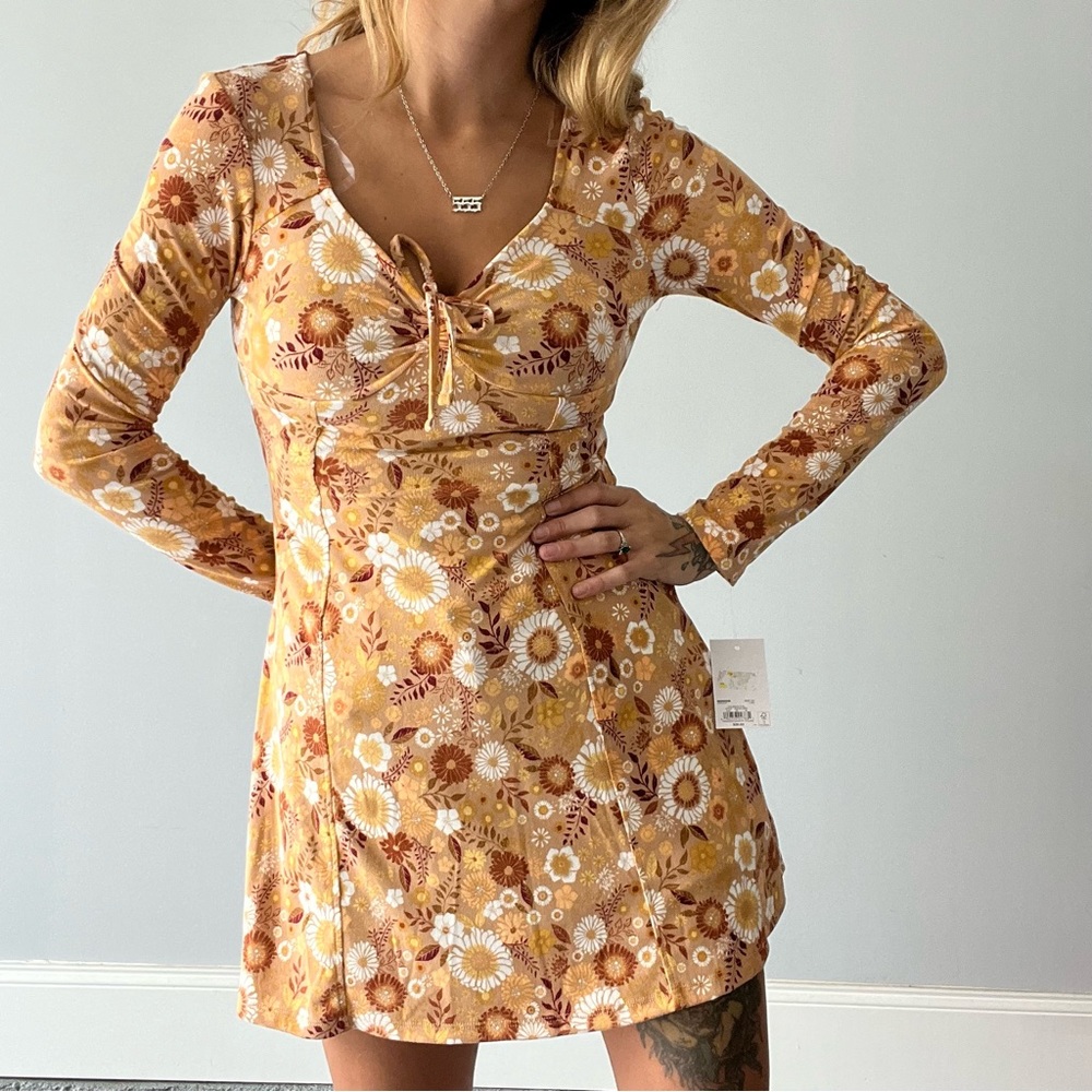 Brown Floral Princess Seam Fit Flare Mini Dress NWT